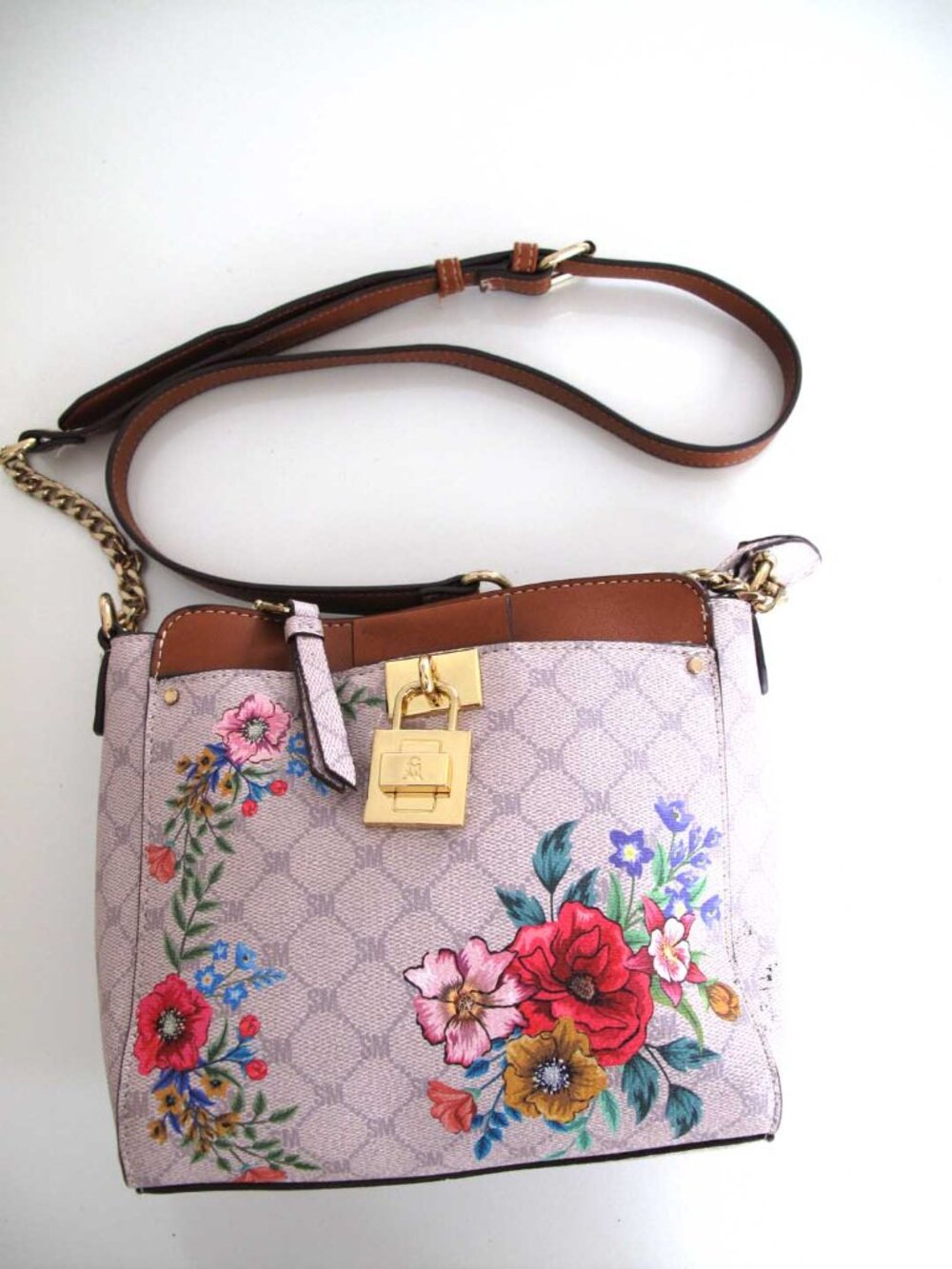 Crossbody Bag STEVE MADDEN FLORAL pattern leather strap with gold chain